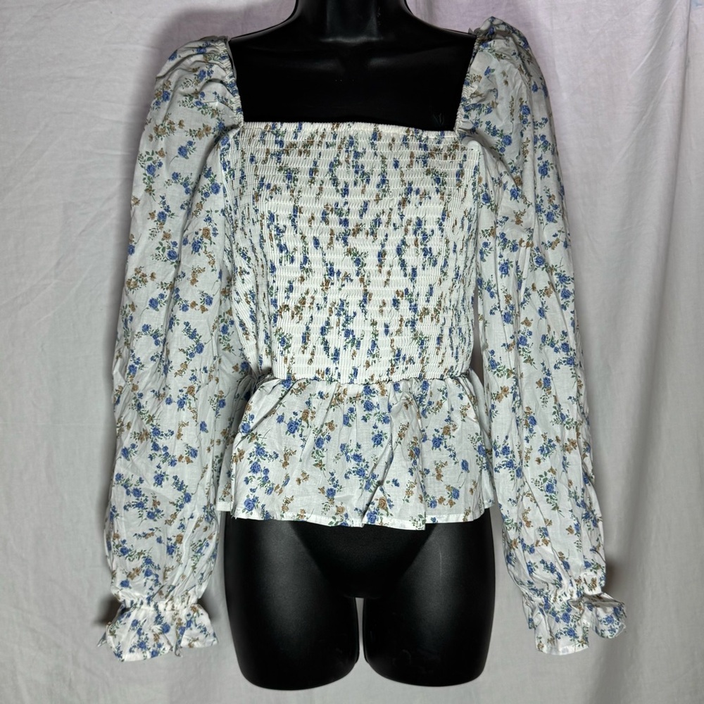 Floral Cotton Blouse Smocked Peplum Top White Blue Puff Sleeve Dizzy Lizzy Large